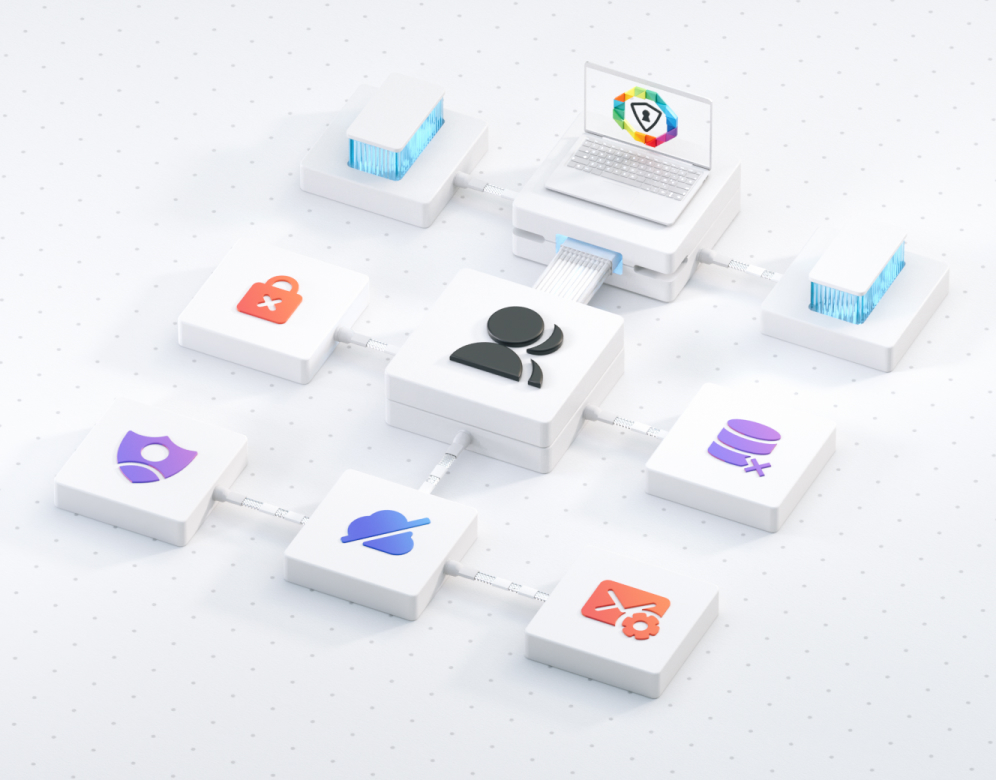 Illustration of connected security components — identity, data, cloud and email protection — linked as one system