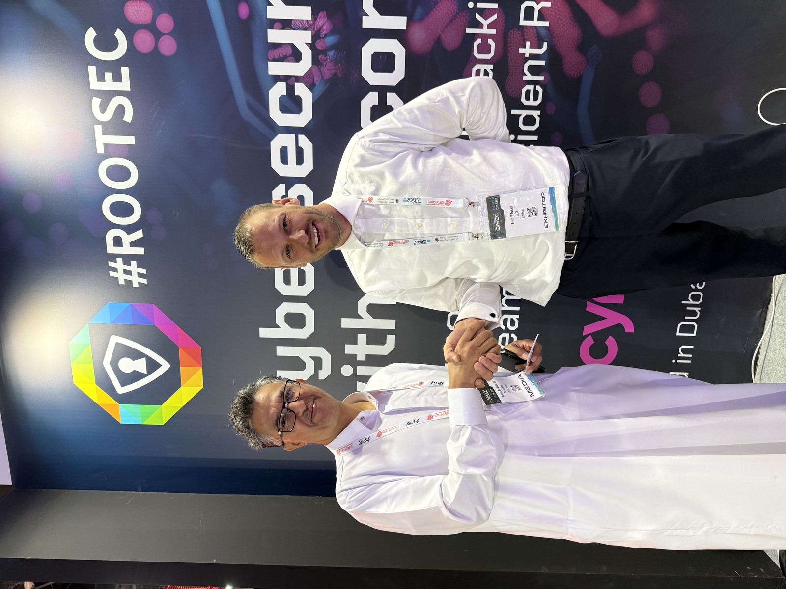 Rootsec meeting a business contact at their GISEC stand in Dubai